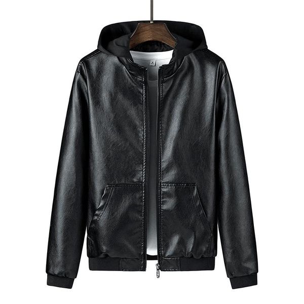 

pu 2021 new leather jacket men's hooded motorcycle winter coat man warm casual slim fit bomber autumn clothing moto hombre, Black