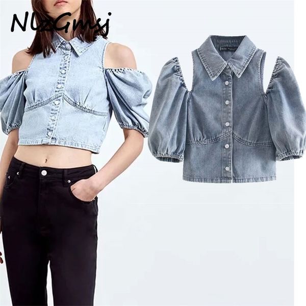 

blouse women denim summer fashion off shoulder puff sleeve turn down collar slim blouses female crop 05 210628, White