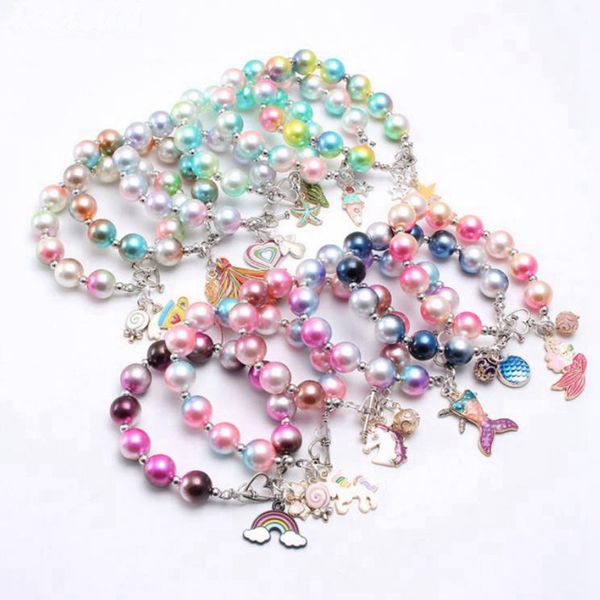 

kids bracelet rainbow pearl children bangle cuffs colorful beads fish tails pendant bracelet fashion jewelry 12 designs dw6491, Red;brown