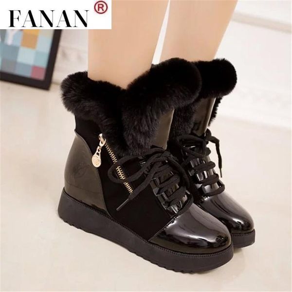 

boots natural wool fur women snow fashion winter warm ankle comfortable lace-up flat shoes platform metal decoration, Black