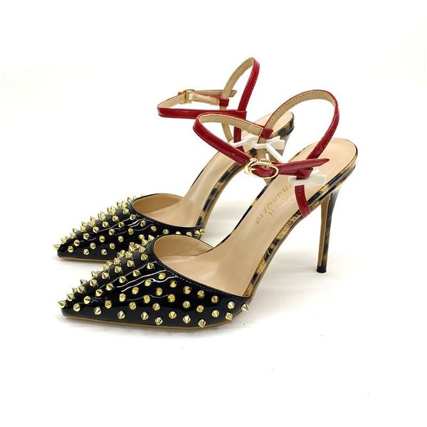 

sandals summer one-word buckle rivet stiletto high heel pointed banquet dress all-match large size small women's shoes, Black