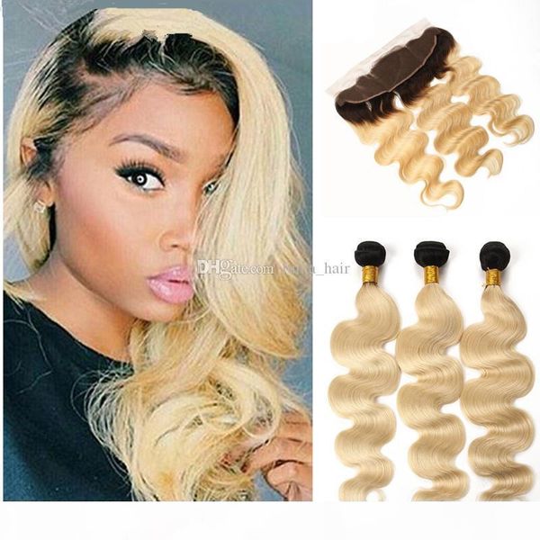 

1b 613 ombre color hair bundles with lace frontal brazilian blonde hair with ear to ear full lace frontal for black women, Black;brown