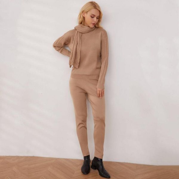 

women's two piece pants 2 pieces set women knitted tracksuit o-neck sweater and jogging suit pullover outwear + scarf, White