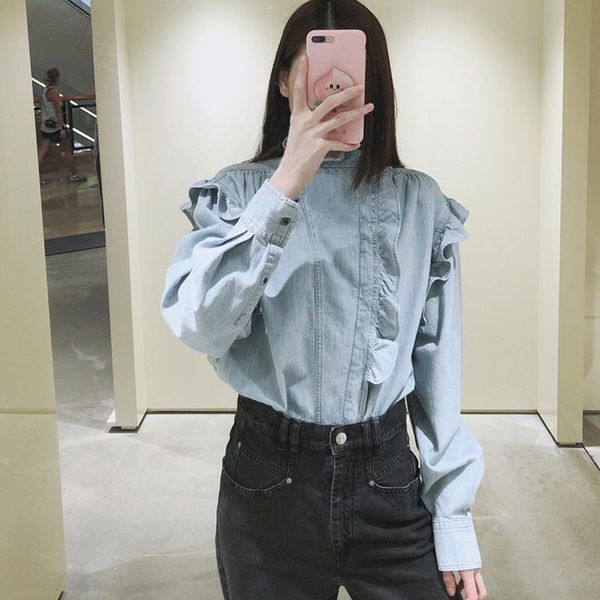 

women blouse early autumn denim shirt with lotus leaf collar design women 210225, White