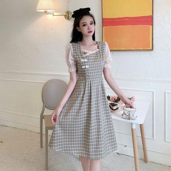 

cheongsam modified dress summer plaid french square collar bubble sleeve show thin chinese style skirt, Black;gray
