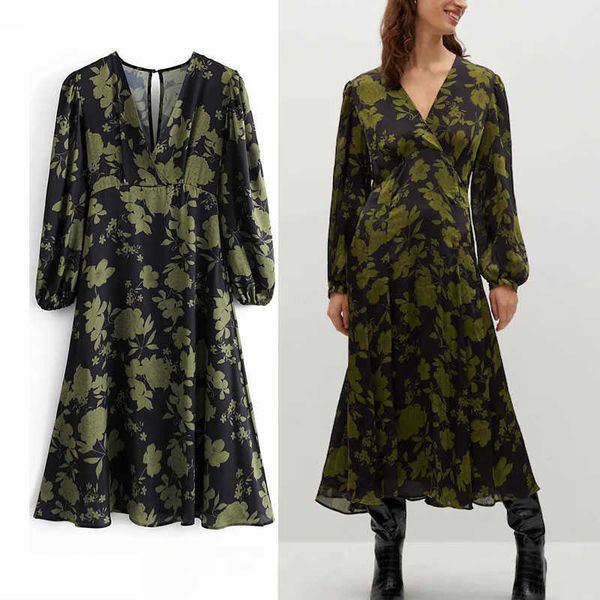 

za print midi fit wrap dress women long puff sleeve vintage inner lining elegant long dresses female fashion green vestidos 210602, Black;gray