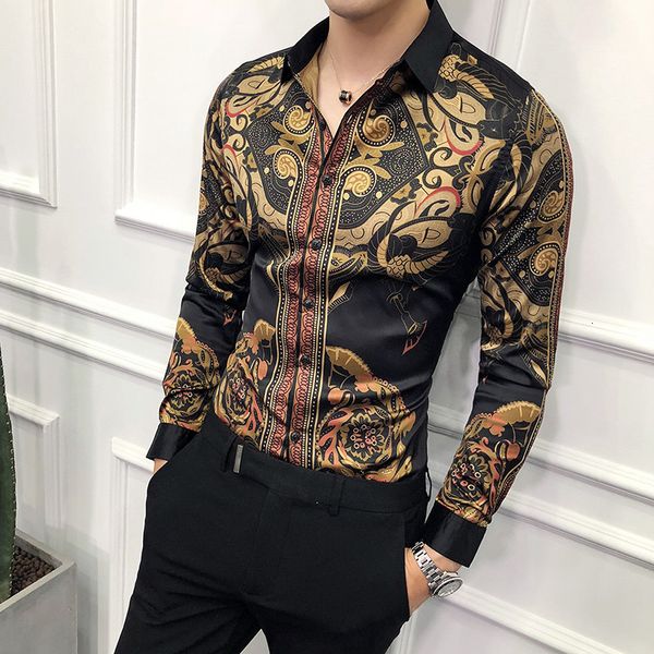 

men's casual shirts luxury gold black slim fit long sleeve camisa masculina chemise homme social club prom 6y7p, White;black