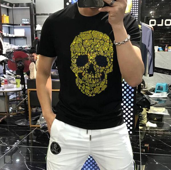 

men's t-shirts summer luxury shiny domineering drill golden skull short sleeve male boys tees casual round neck cotton black t shirt, White;black