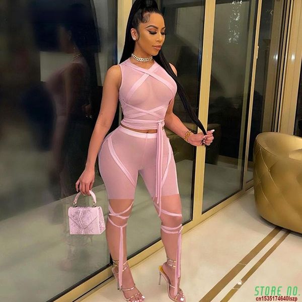 

women's tracksuits mesh see through shorts set women solid bandage crop and high waist suits clubwear 2 pieces outfits, Gray