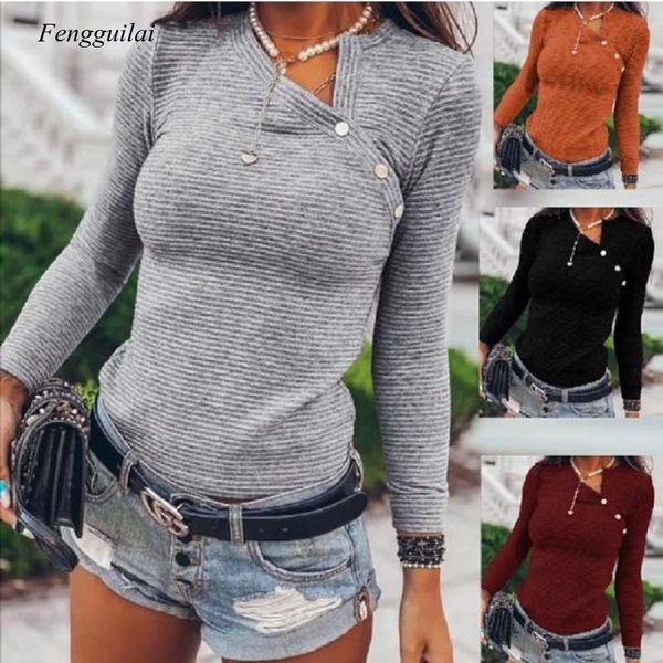 

women's t-shirt women autumn winter basic tee shirts button skew collar long sleeve slim t-shirts, White