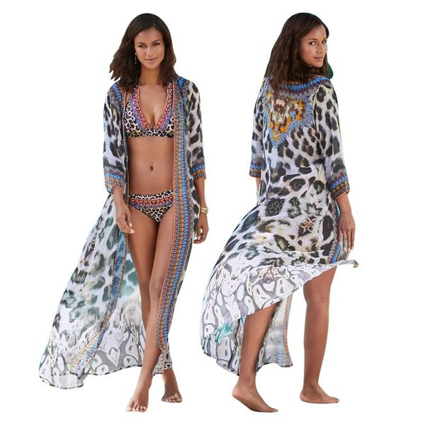 

women's swimwear xingqing long cover up dress bohemian leopard print open front flowy chiffon kimono cardigan swimsuit ladies dresses, White;black
