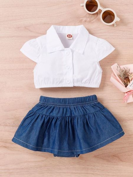 

baby puff sleeve blouse & ruffle trim denim skort she, White