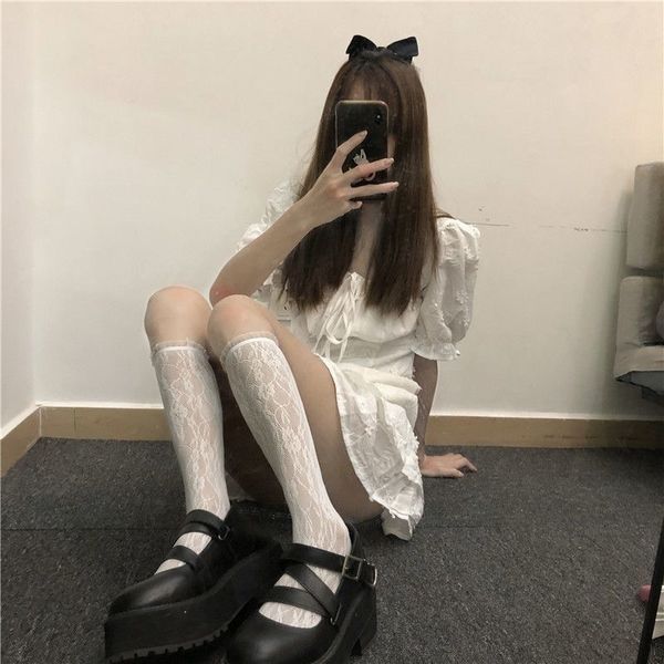 

lace medium tube lolita hollow ins loli jk lace sweet socks female, Black;white