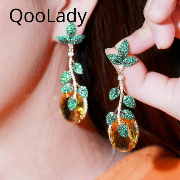 

dangle & chandelier qoolady gorgeous yellow green cubic zirconia long leaf shape drop earrings for women wedding party fashion jewelry e261, Silver