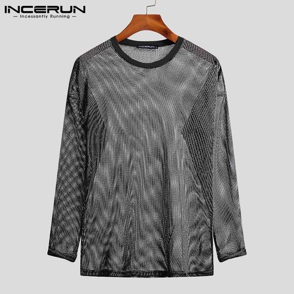 

men's t-shirts incerun men t shirt mesh transparent streetwear solid o-neck long sleeve undershirt 2021 party nightclub clothing s-5xl, White;black