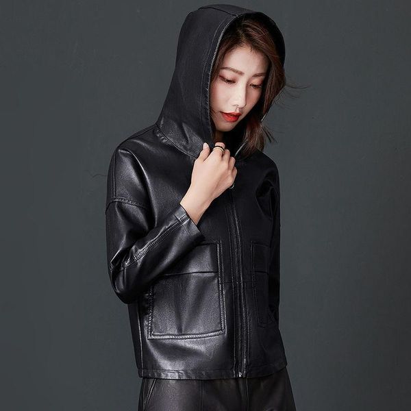 

women's leather & faux 2021 women fashion solid zipper pu biker jacket autumn outerwear female plus size hooded coat x546, Black