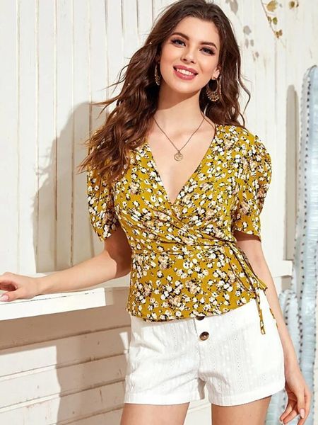 

women's blouses & shirts chic print slim chiffon blouse fashion womens floral deep v-neck short sleeve waist bandage design summer lei, White