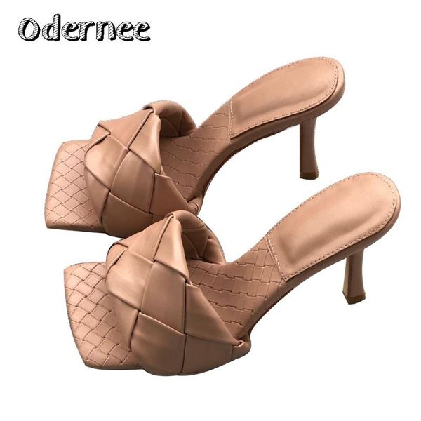 

slippers odernee 2021 fashion square toe weave high heels shoes women leather luxury designer ladies street beach sandals slides, Black
