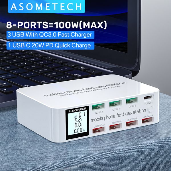 

100w 8 ports lcd display quick charge 3.0 usb charger adapter hub type c pd fast phone charger for iphone huawei samsung xiaomi