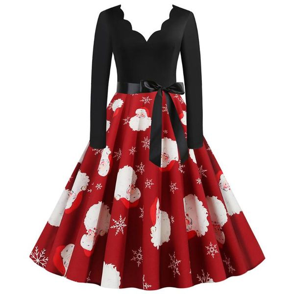 

casual dresses black big swing print vintage christmas dress women winter long sleeve v neck year party plus size s~3xl, Black;gray