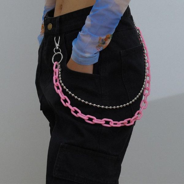 

keychains 2 layer rock punk hip-hop handmake pants chain waist belt acrylic candy color metal belts for women trouser accessories, Silver