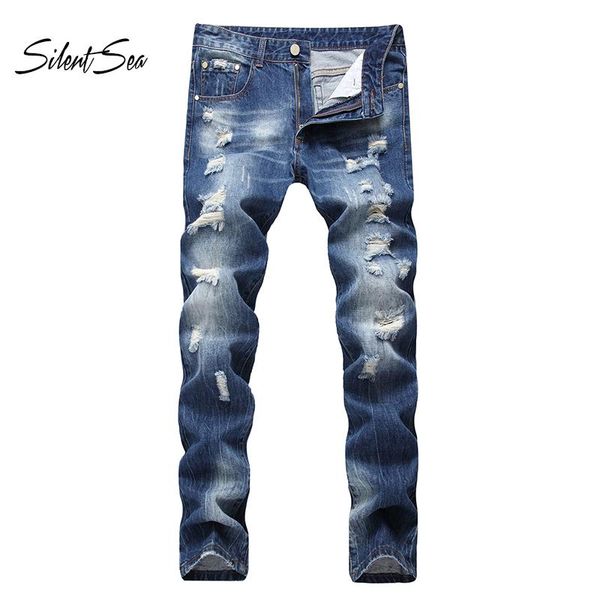 

men's jeans silentsea biker men high stretch cargo denim pleated slim jean scratched pants trousers big large size 42, Blue