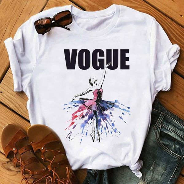 

vogue ballet dancer print and mens t shirts womens short sleeve o neck tee female clothes camisetas mujer, White;black