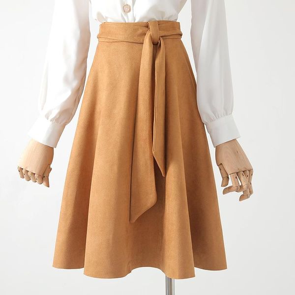 

bandage solid women skirts spring new high waist a-line knee-length office lady elegant clothing quality, Black