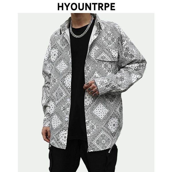 

high street harajuku mens autumn printing shirt casual long sleeve turn down collar loose hip hop new streetwear shirts, White;black