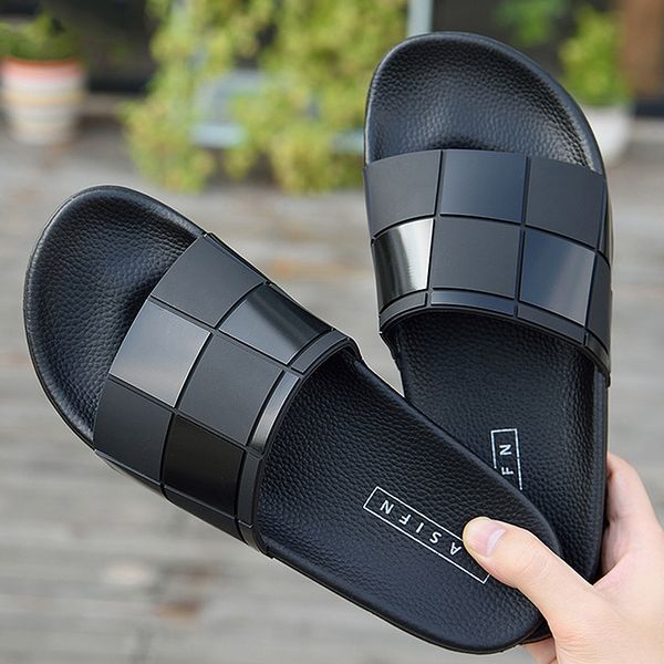 

mens summer shoes fashion checkered platform slippers bathroom bath home slippers non-slip large size 48 outdoor quick drying, Black