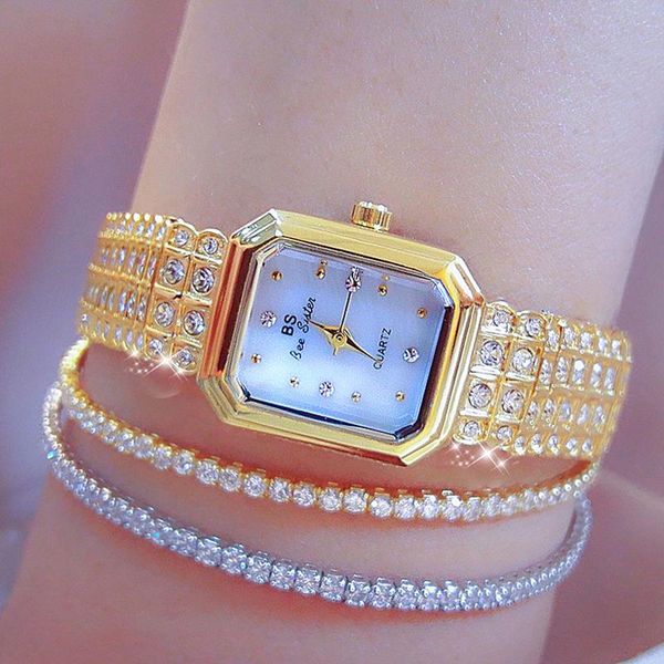 

wristwatches bs women watches diamond crystal gold female small dial square ladies montre femme 2022, Slivery;brown