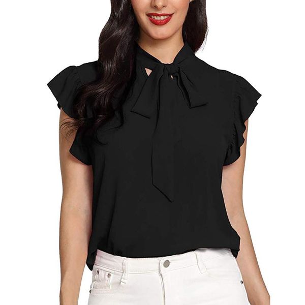 

women's blouse casual cap sleeve bow tie solid chiffon blouse blusas mujer de moda 2021 woman shirt top, White