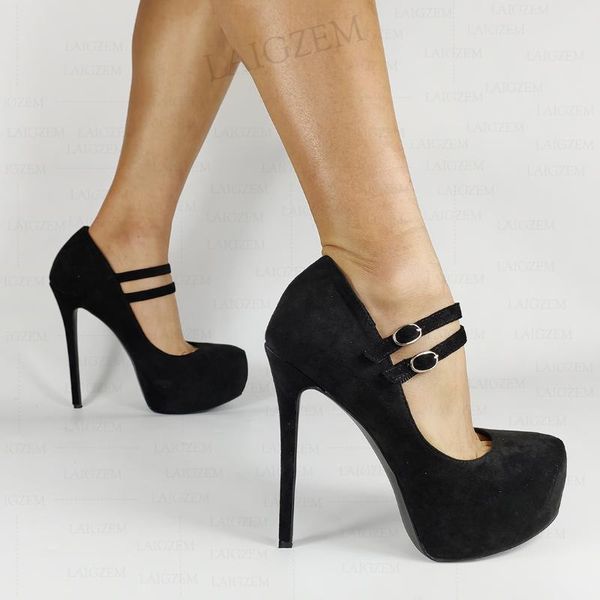 

dress shoes women pumps round toe platform stiletto heels faux suede sandals ladies dance cosplay woman big size 40 42 46 52, Black
