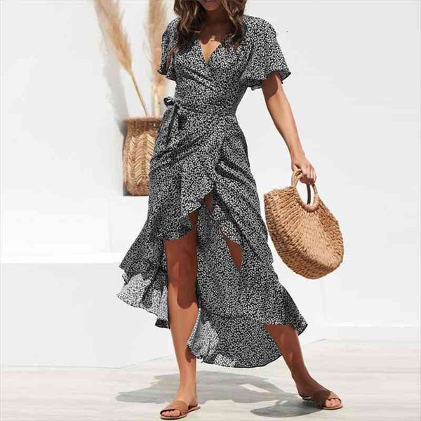 

boho beach summer women v neck flower sundress short sleeve polka dot ladies holiday ruffles dress elegant plus size, Black;gray