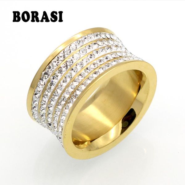 

wedding rings 5 row brand crystal jewelry fashoin women men luxury 11mm wide wholesale gold color stainless steel, Slivery;golden