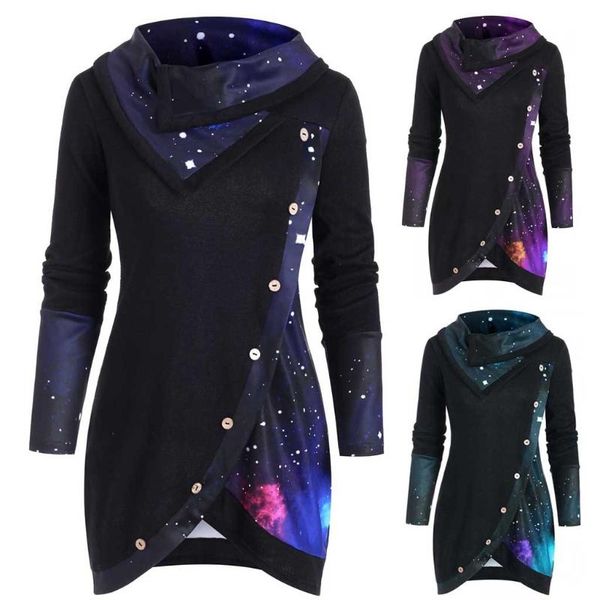 

women's hoodies & sweatshirts fashion creative sweatshirt women long sleeve cowl neck galaxy panel irregular buttons winter plus size, Black