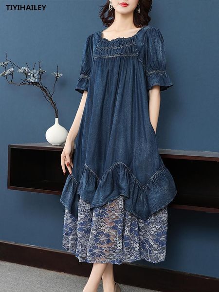 

casual dresses tiyihailey 2021 vintage women long mid-calf short sleeve denim summer patchwork lace chinese style -xl, Black;gray