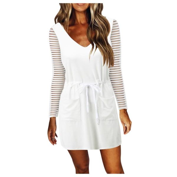 

casual dresses white for women 2021 v-neck feather printed long sleeves slim waist drawstring dress vestidos mujer verano, Black;gray