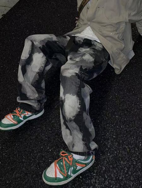 

men's jeans high street worn out grey gradual dyeing and tie couple loose straight casual, Blue