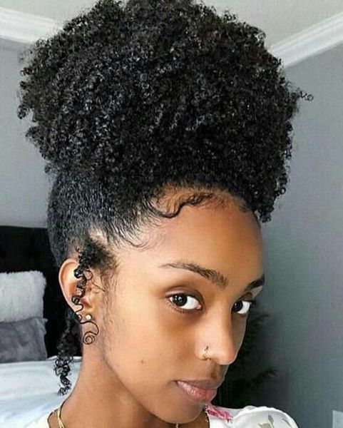 Симпатичная девушка Jet Black 3C 4B kinky вьющиеся вьющиеся афро-хестик человеческие волосы наращивания волос на молчании афро-американских пони хвосты хвоста