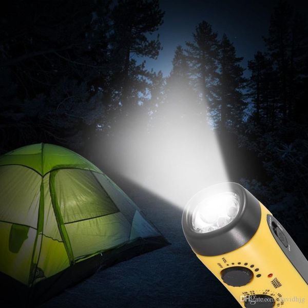 

muitifunctional dynamo flashlight radio power bank emergency siren + 5 super bright led, usb 5v charging yellow/ green/ white