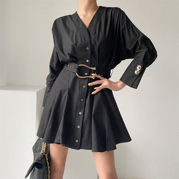 

casual dresses hzirip office lady mini dress with sashes v-neck sim mujer 2021 autumn fashion loose all match high waist vestidos robe, Black;gray