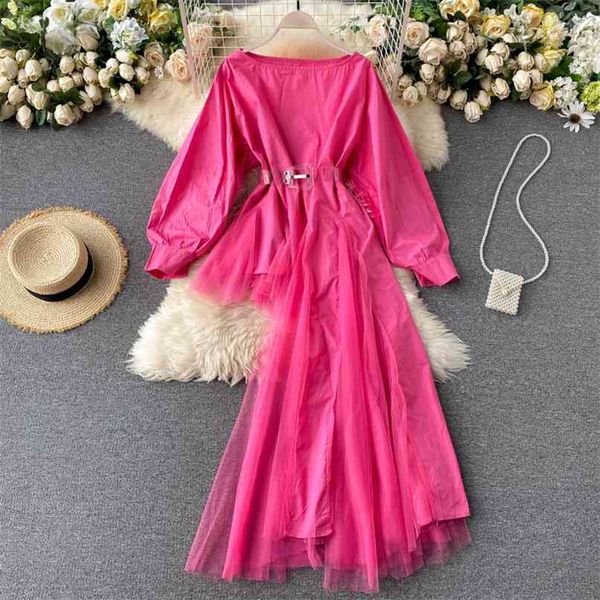 

women's round neck mesh irregular trailing high street fashion ins shirt lady long sleeve solid color elegant blouse p049 210527, White