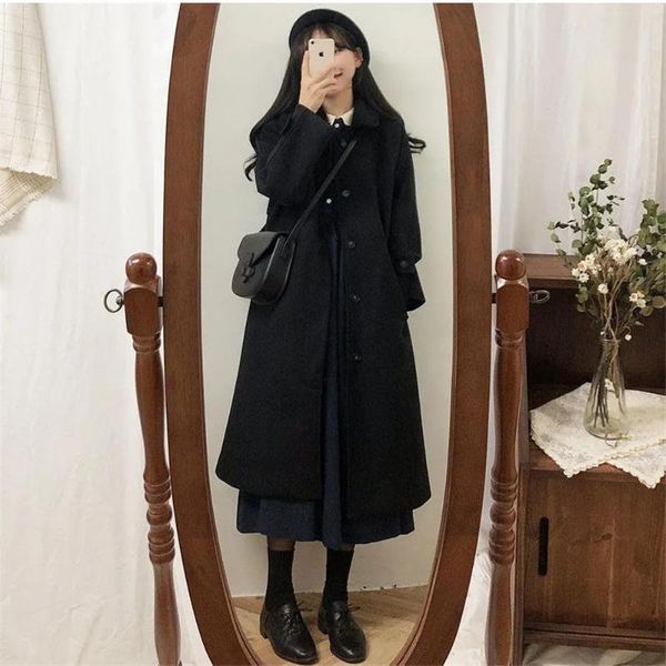 

women's wool & blends woman black long coat fashion korean preppy style retro versatile windbreaker casual warm woolen 2021 autumn wome