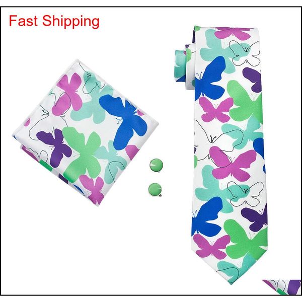 

stylish silk necktie with hanky cufflinks men's white purple wedding tie new arrival printing party business f qylhpc bdehome, Black;blue