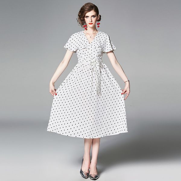 

2021 new banulin summer fashion runway retro dot printed shirt women's long sleeve belted vintage print holiday midi 6mkw, Black;gray