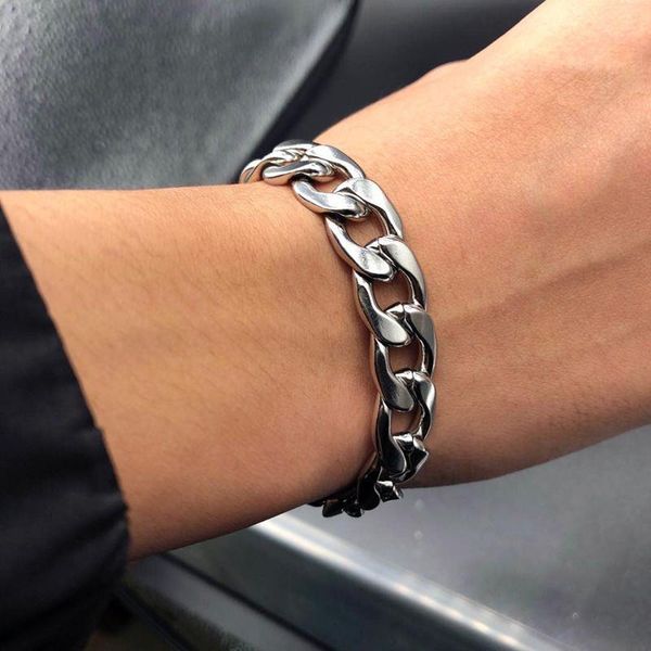 

link, chain punk titanium steel bracelet for men sliver 12mm link cuban jewelry fadeless high quality, Black