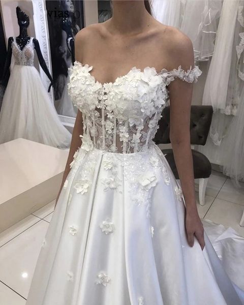 

new 2021 satin princess wedding es for bride off shoulder lace up back sweep train 3d flower bridal gowns vestidos de mairee 6xsh, White