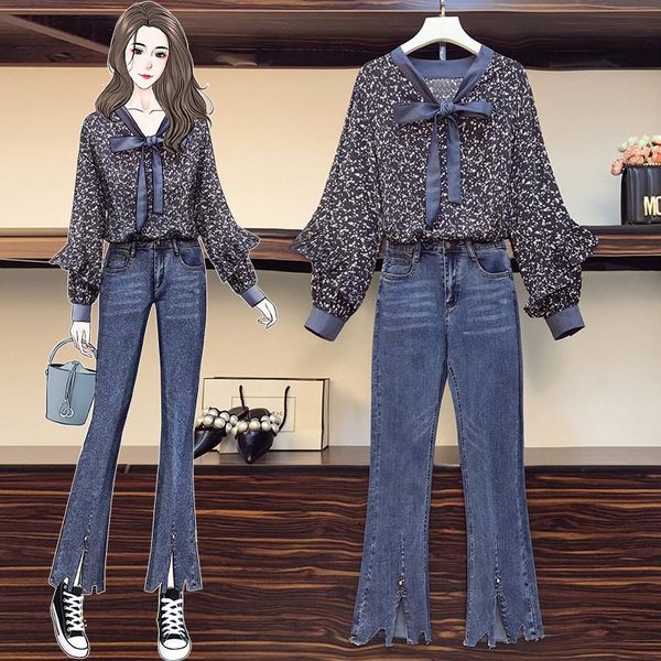 

women's two piece pants 2021 spring autumn large size ladies two-piece suit korean floral shirt denim trousers loose fashion clothing, White