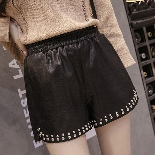 

women's shorts arrival autumn women casual pu leather wide leg rivet, White;black